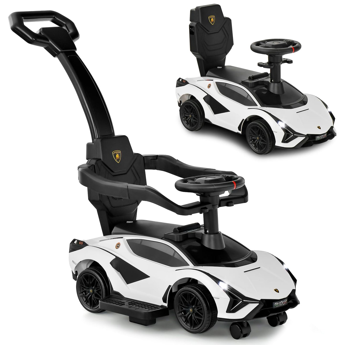 Infans 3 In 1 Ride On Push Car, Licensed Lamborghini Baby Stroller Sliding Walking Car With Push Handle, Music, Usb, Headlight, Under Seat Storage, Kids Foot-To-Floor Toy For 18-60 Months (White)
