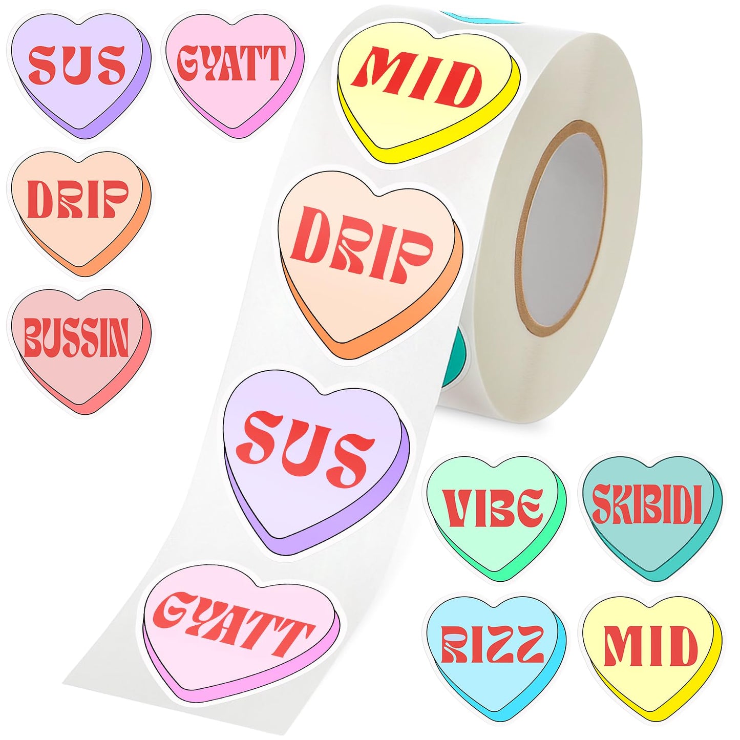 500 Pcs Valentines Day Heart Stickers Candy Heart Conversation Brain Rot Teen Slang Valentines Love Stickers for Classroom Gift