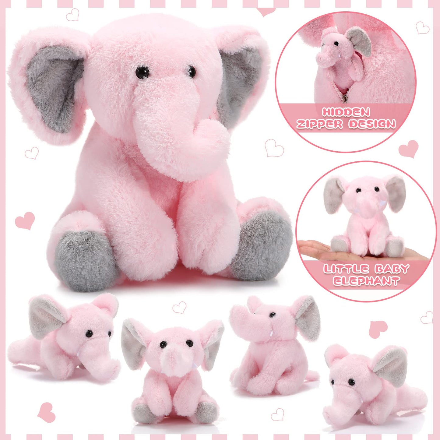 5 Pcs Plush Elephant Stuffed Animals With Babies, Mommy Elephant With 4 Plush Baby Soft Plush Elephants Animals Playset For Party Supplies, Favors, Decorations, Stocking Stuffers (Gray Pink)