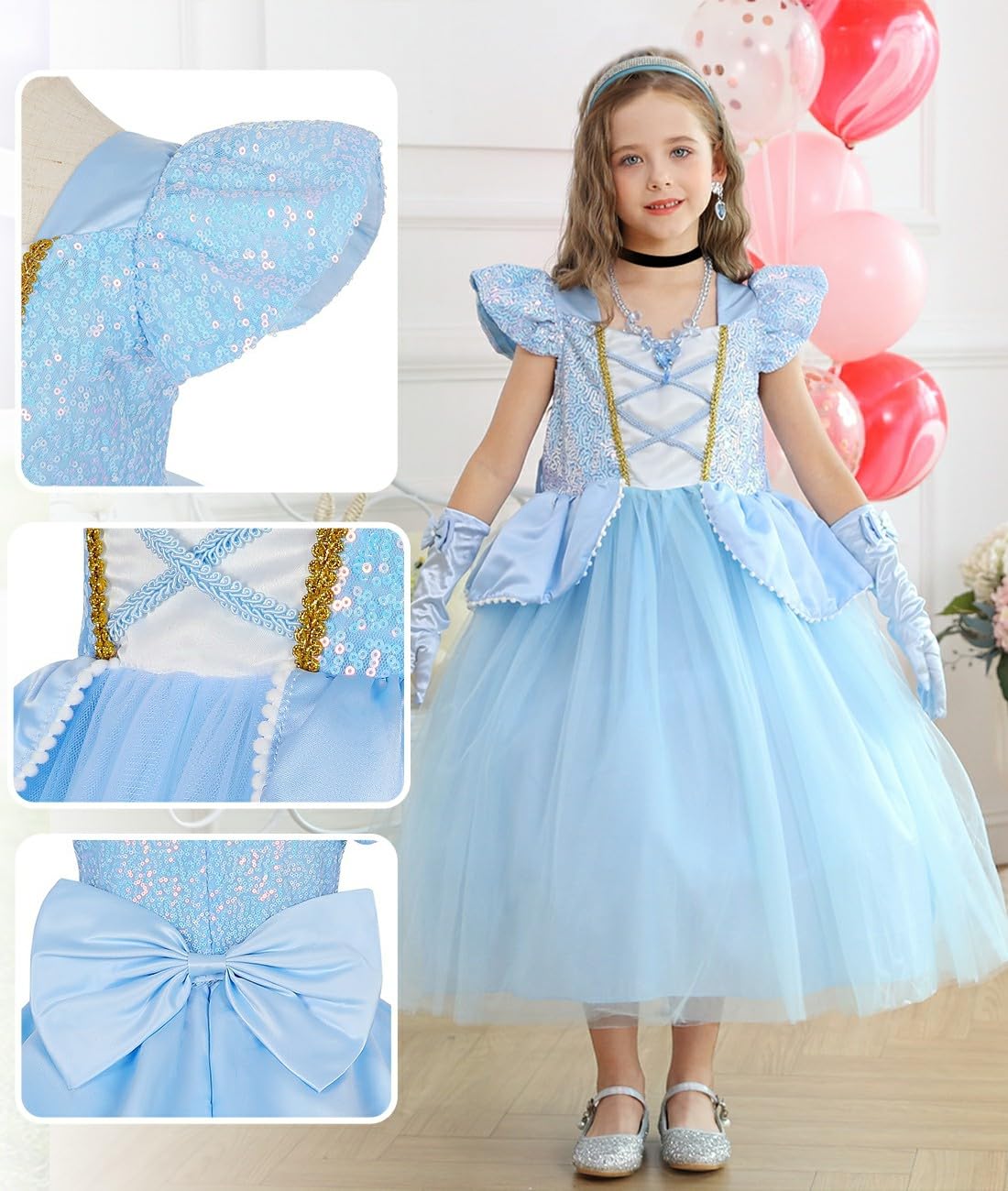 Luzlen Cinderella Costume For Girls Kids Blue Princess Dress With Accessories Halloween Birthday Party Outfits, 6-7Y(Tag 140)