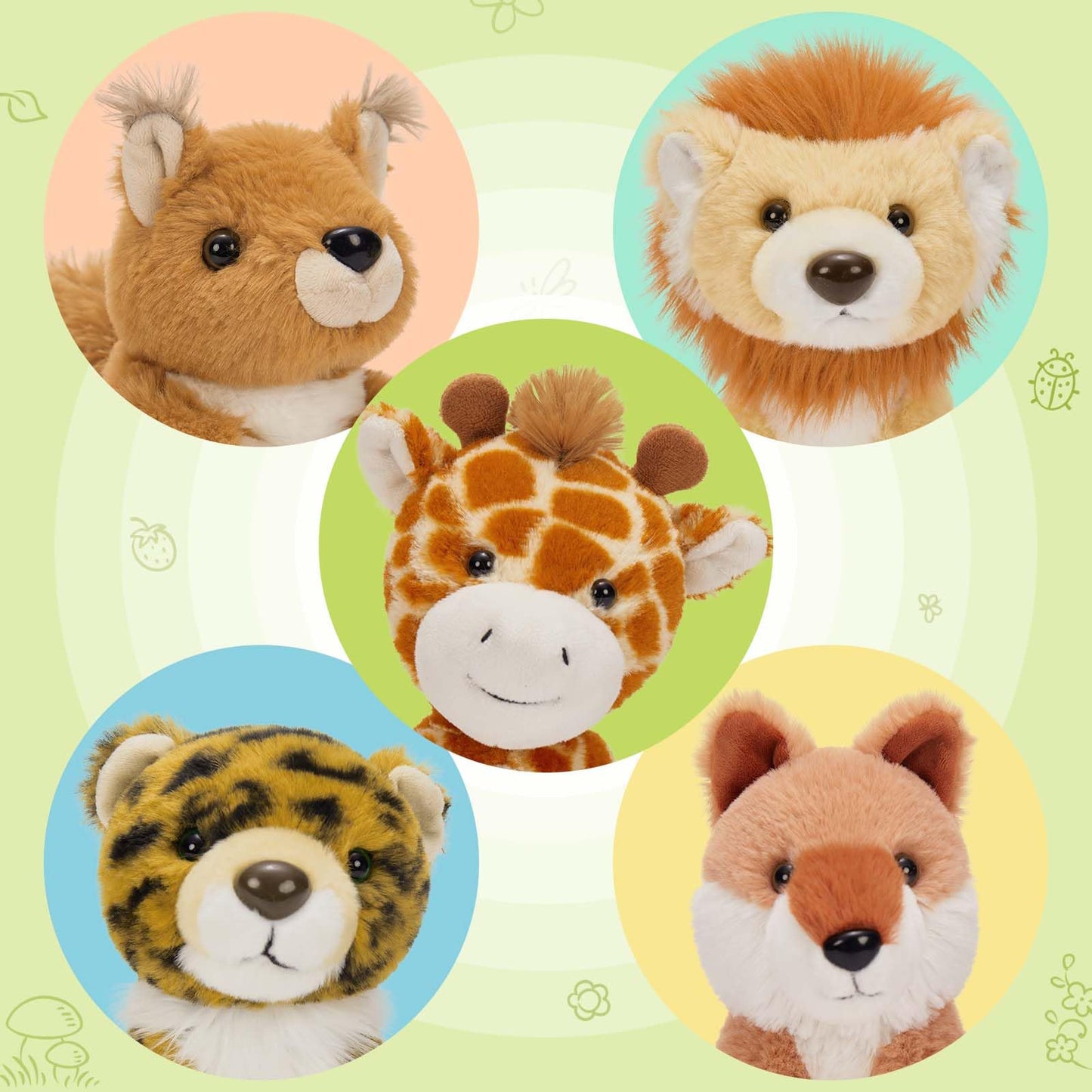Muiteiur 5 Piece Forest Stuffed Animals,7.1 Inch Cute Jungle Plush Toys, Stuffed Animal Bulk (Tiger,Lion,Fox,Giraffe, Squirrel),
