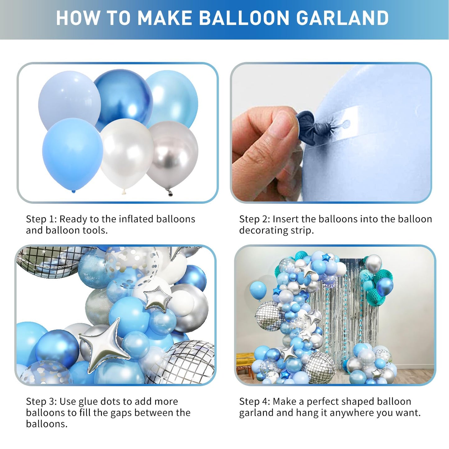 Blue Balloon Arch Kit, Blue And White Balloon Garland With 22 Inch Disco Ball Balloons Metallic Silver Star Foil Balloons, Silve