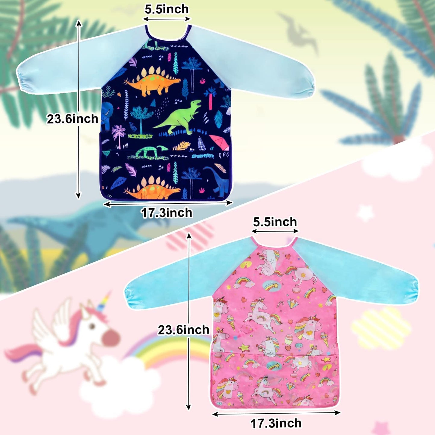 Bassion 2 Pack Smocks For Kids, Toddler Art Smock Artist Painting Aprons Waterproof Long Sleeve With 3 Pockets For Age 2-6 Years