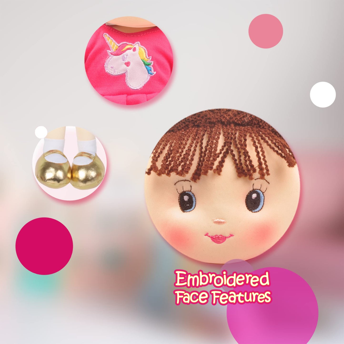 Linzy 16" Pink Laura Plush Rag Doll - Soft Cuddle Buddy for Toddlers, Safe for All Ages, Hot Pink & Gold, Model 92040