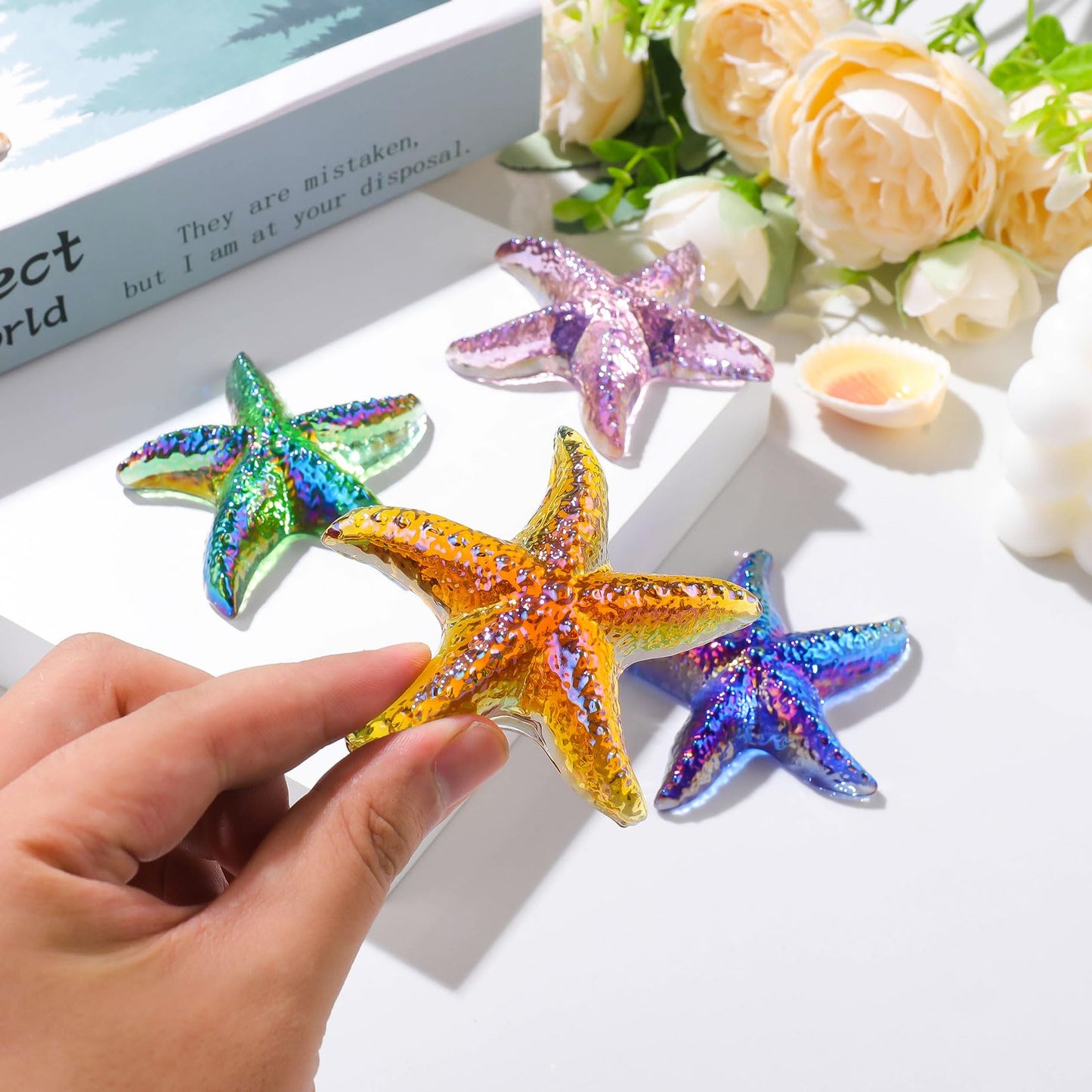 Movdyka 4Pcs Starfish Crystal Figurine Desk Decor Handmade Blown Glass Sea Star Beach Themed Animals Ornaments Collectible Craft