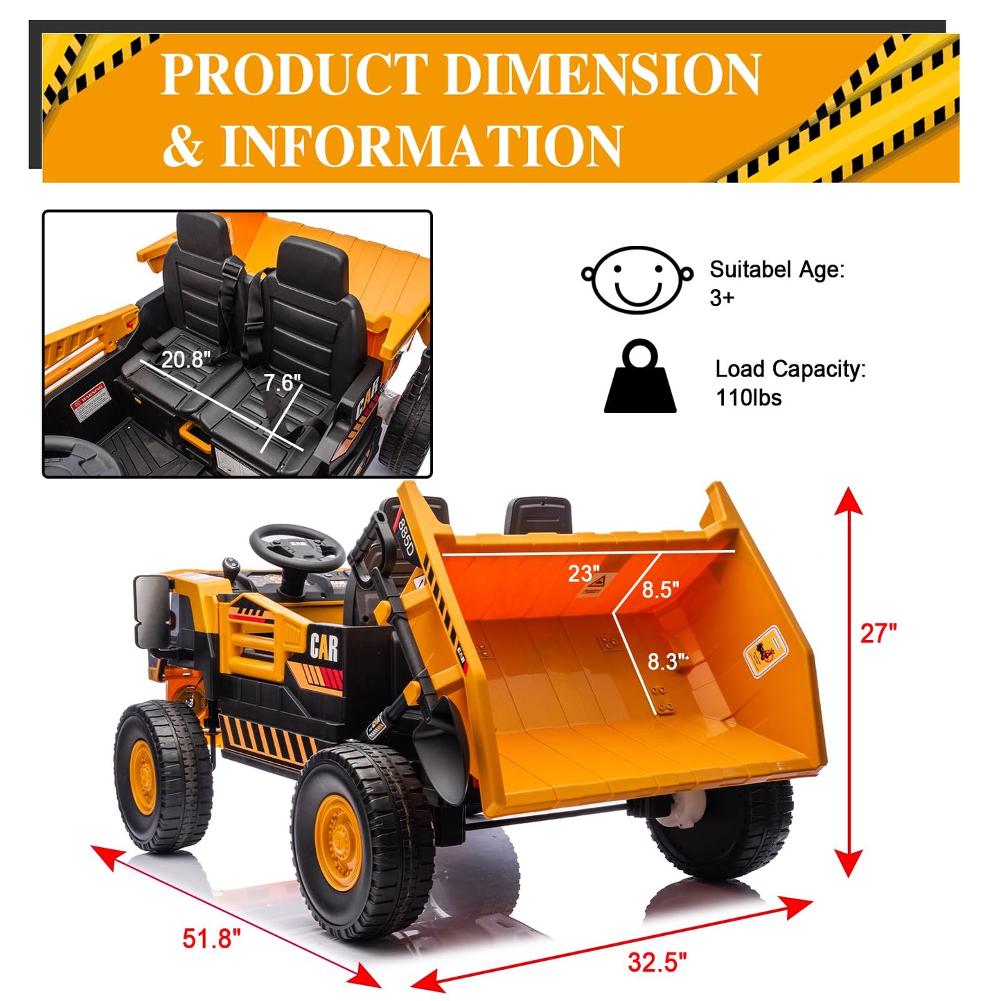 Finito Xl 24V Ride On Dump Truck,4X100W Powerful Motors. Kids Car With Remote Control, Electric Dump Bed, And Extra Shovel,Spaci