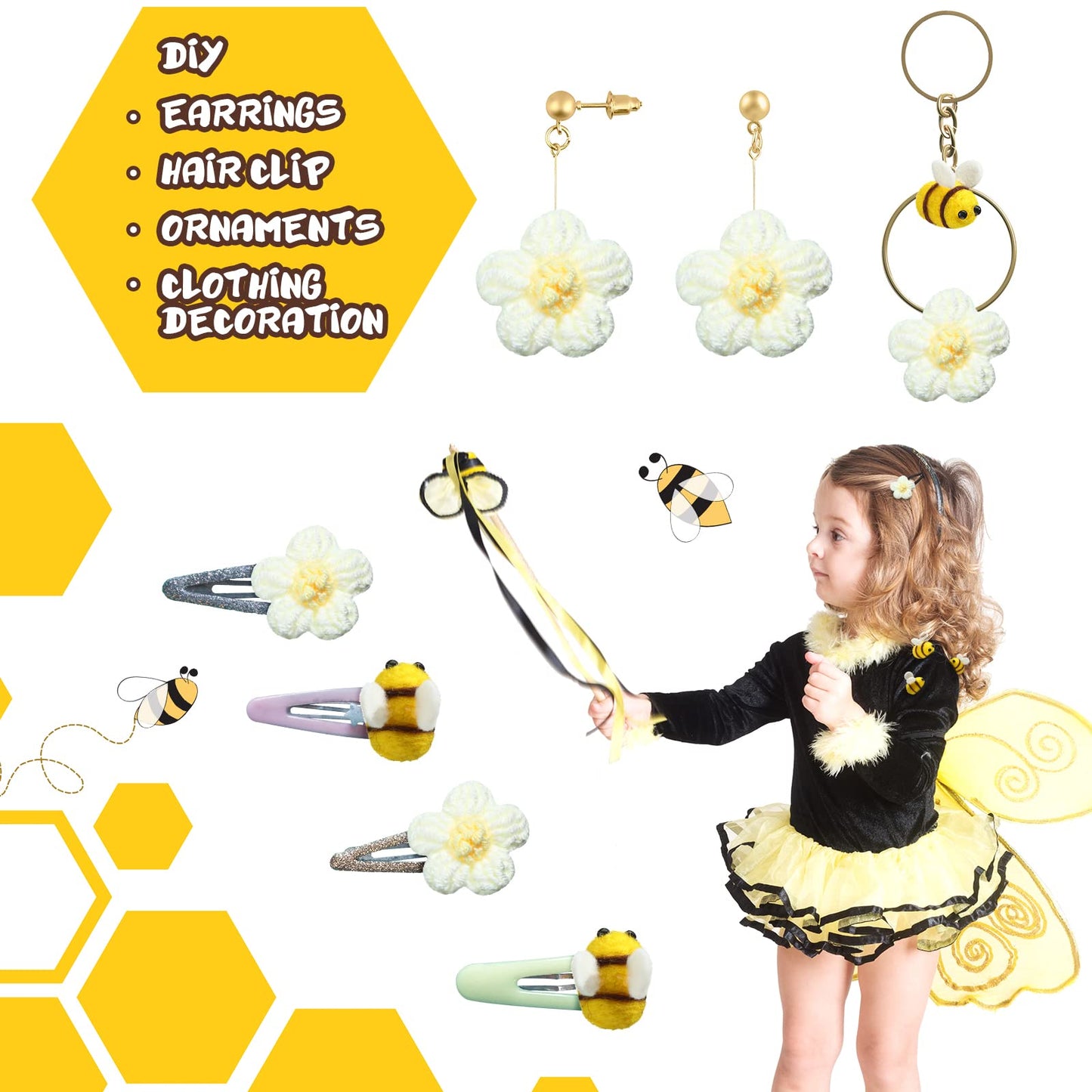 Moukeren 72 Pcs Felt Bees for Crafts and Crocheted Spring Flowers Set, Wool Fuzzy Bee Decorations Plush Knitted Flowers for DIY