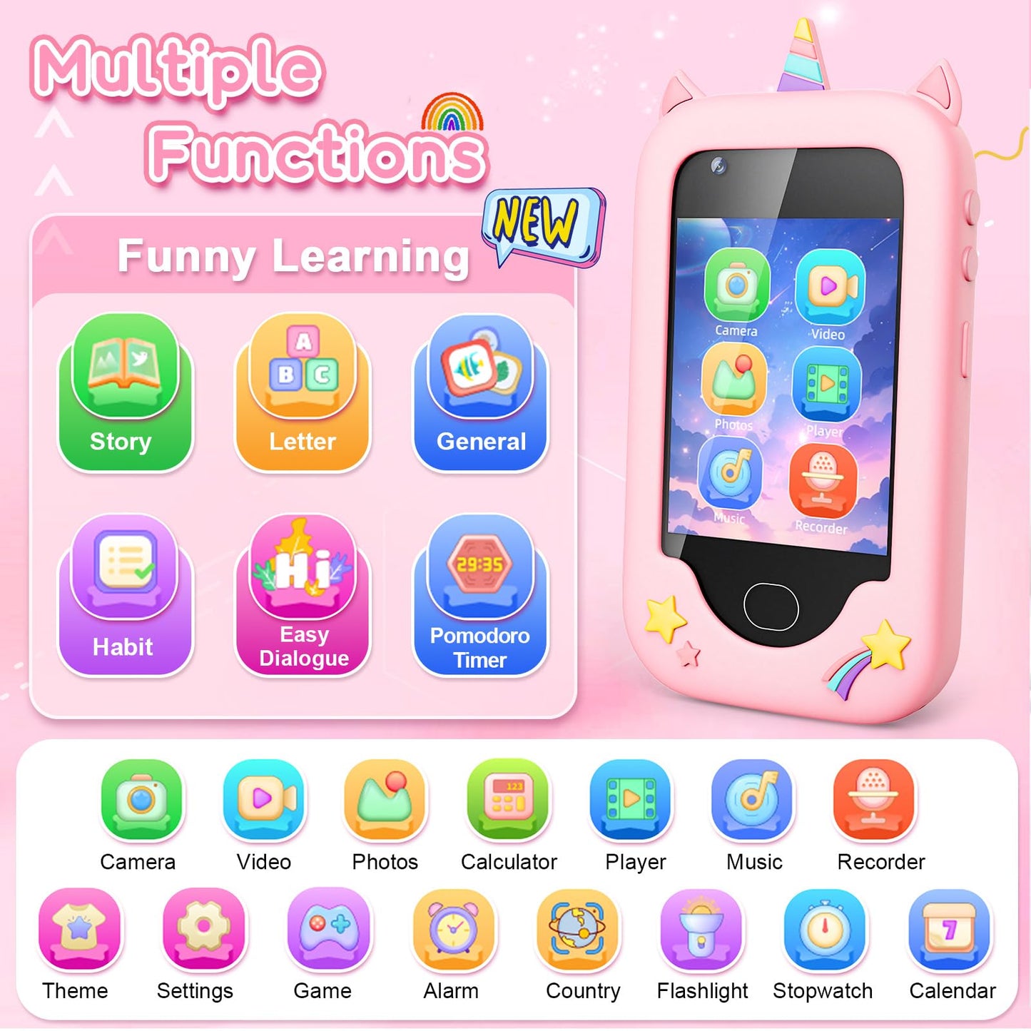 Gocina Kids Smartphone Toys, Toddler Phone with Camera, Music, Games & 32GB Card, Christmas Birthday Gift Play Phone for Girls A