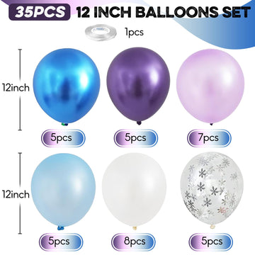 Frozen Balloons Set, 12 Inch Metallic Blue Purple Balloons Snowflake Confetti Latex Balloons Metallic Silver Helium Balloon Gril