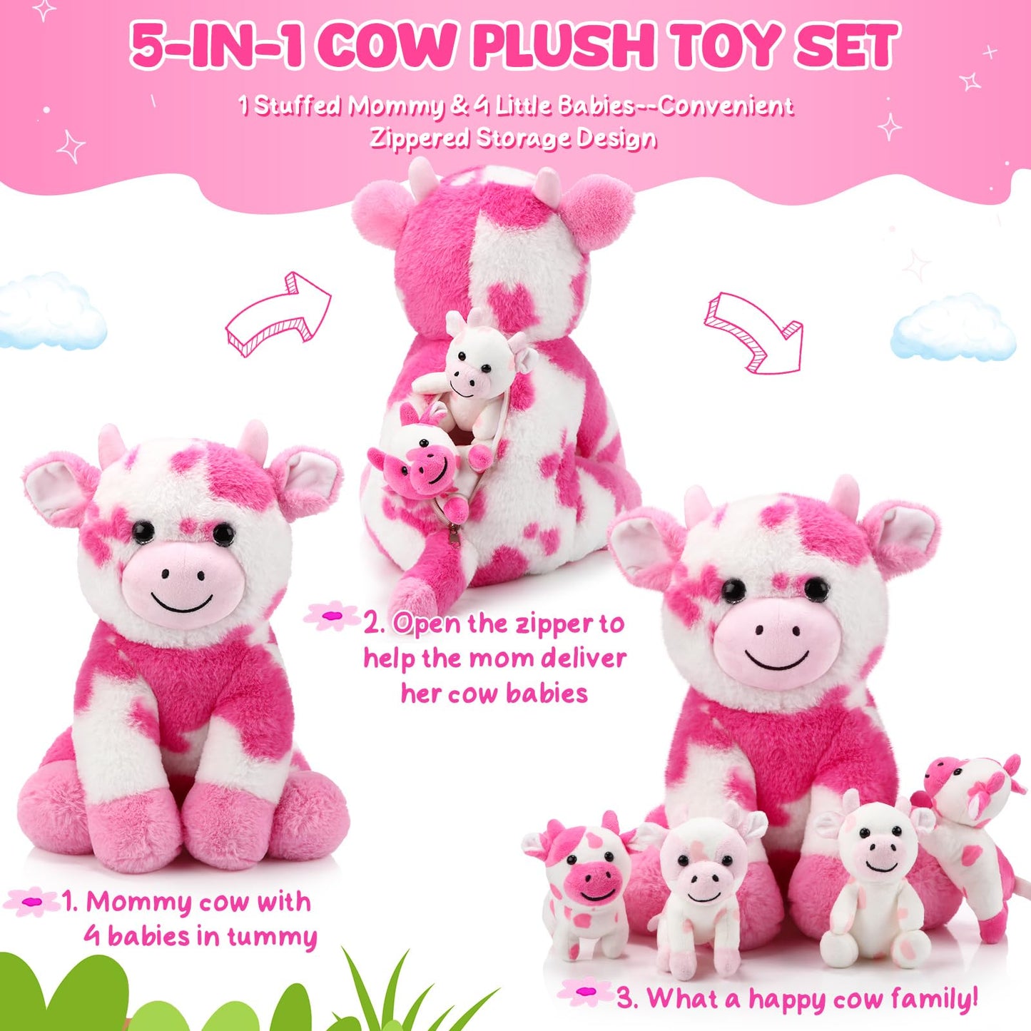 Sumind 5 Pcs Cow Plush Animals Set 13.78 Inch Mommy Cow Stuffed Animal With 4 Baby Cute Calf In Her Tummy Mommy And Small Plush For Baby Shower Boys Girls(Adorable)