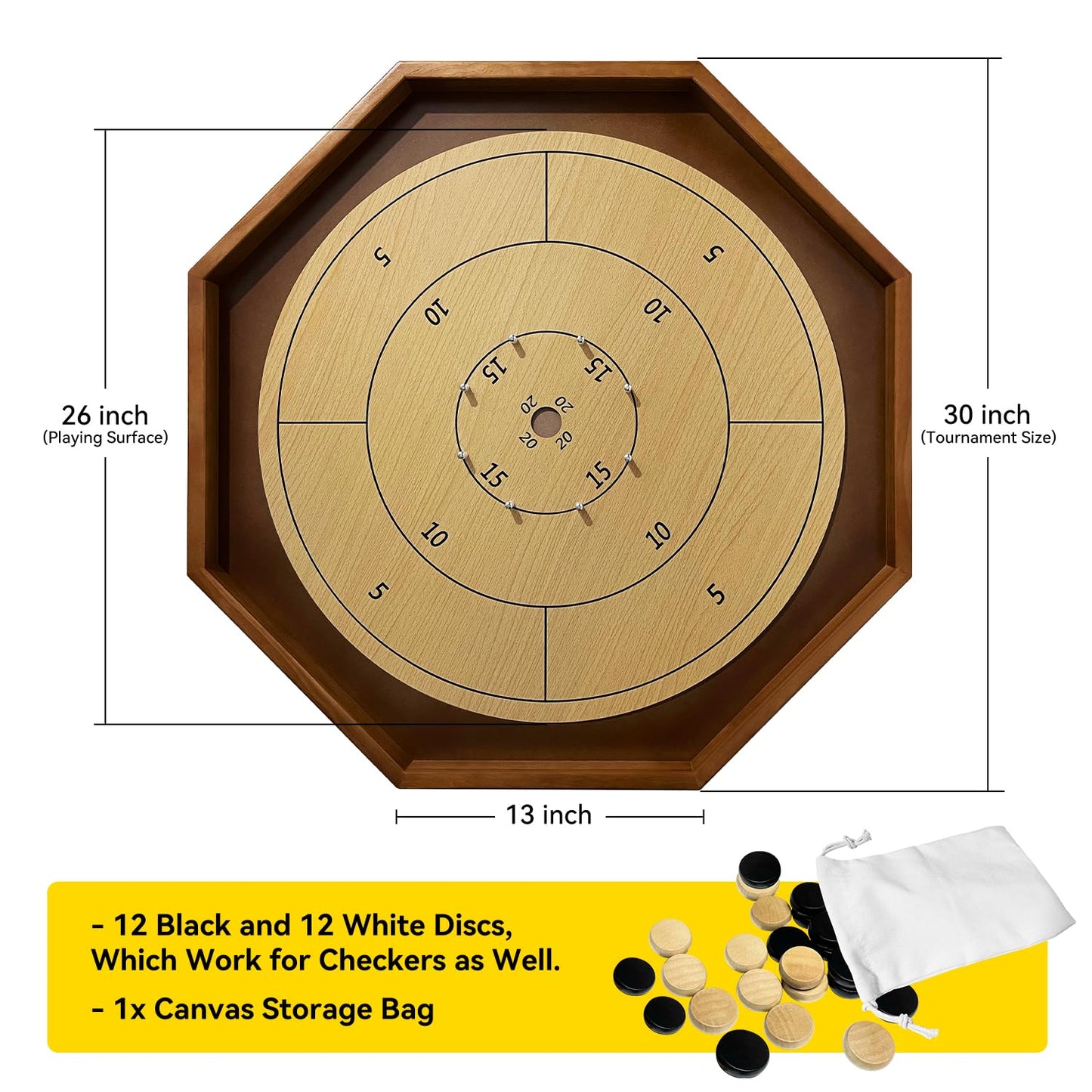30 Inch Tournament Crokinole Board Game, 2 In 1 Crokinole And Checkers With 26 Playing Surface, Metal Pegs, Wooden Octagon Ca