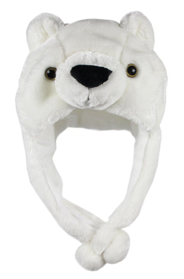 Bioterti Plush Fun Animal Hats -One Size Cap - 100% Polyester With Fleece Lining (White Bear)