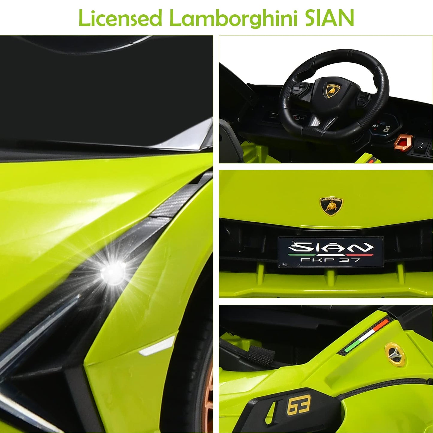 Olakids Kids 12V Licensed Lamborghini Sian Ride On Car, Electric Vehicle For Toddler With Control Remote, Battery Powered Toy With Music, Horn, 2 Speeds, Suspension, Led Lights, Bluetooth, Usb (Green)