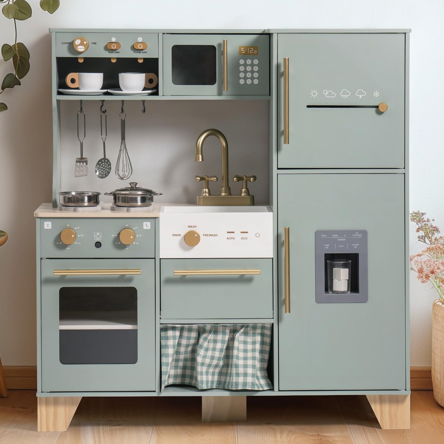 ROBUD Wooden Play Kitchen for Kids Toddlers, Corner Wooden Play Kitchen with Fridge, Ice Maker, Coffee Maker, Juicer, Oven, Dish