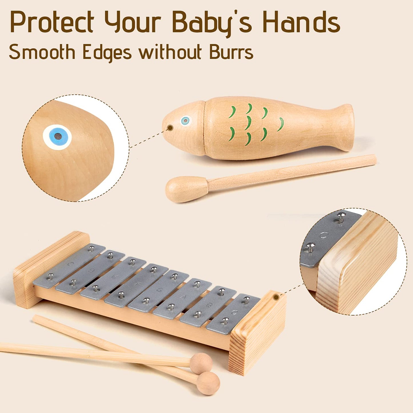 Chriffer Kids Musical Instruments Toys, Percussion Instruments Set With Xylophone, Preschool Educational Music Toys For Boys Girls, Natural Eco-Friendly Wooden Music Set (8)