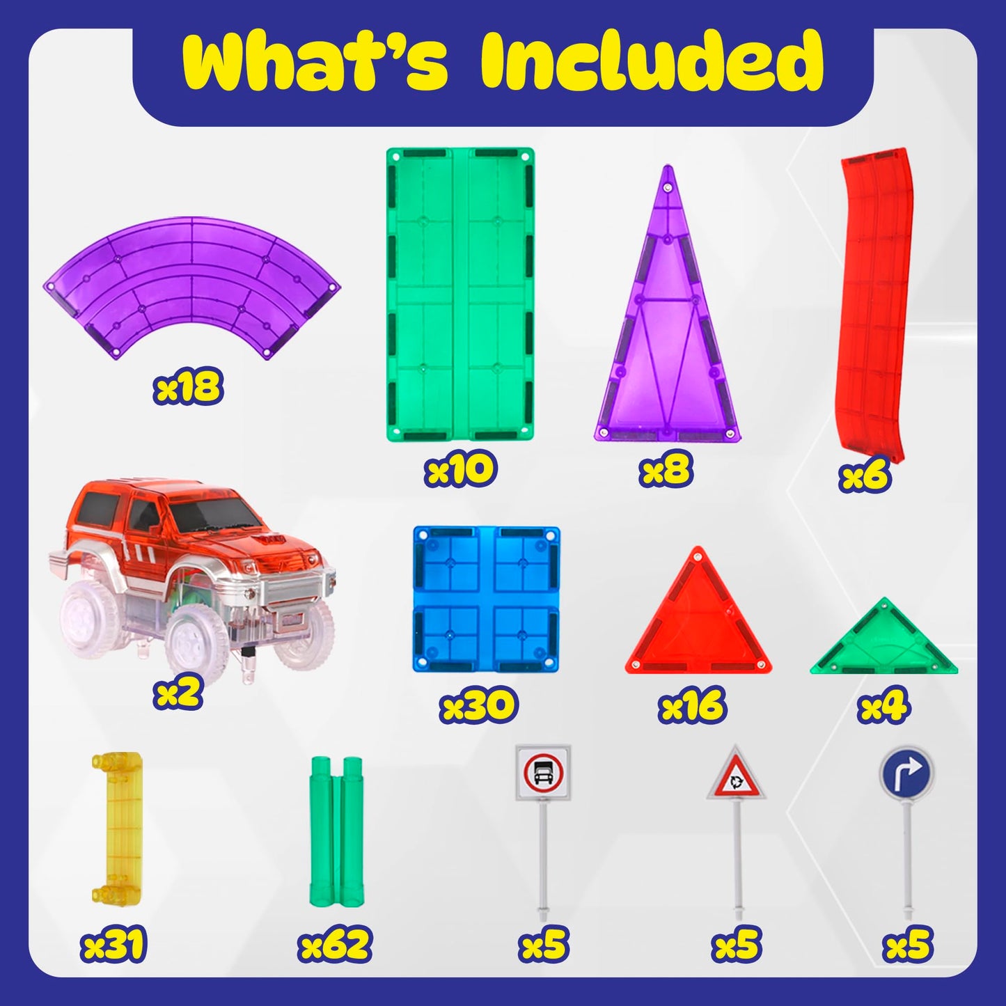 Playmags Magnetic Tiles Race Track Set - 200 Piece Stem Engineering Building Blocks With 2 Led Race Cars, Educational Magnet Toy