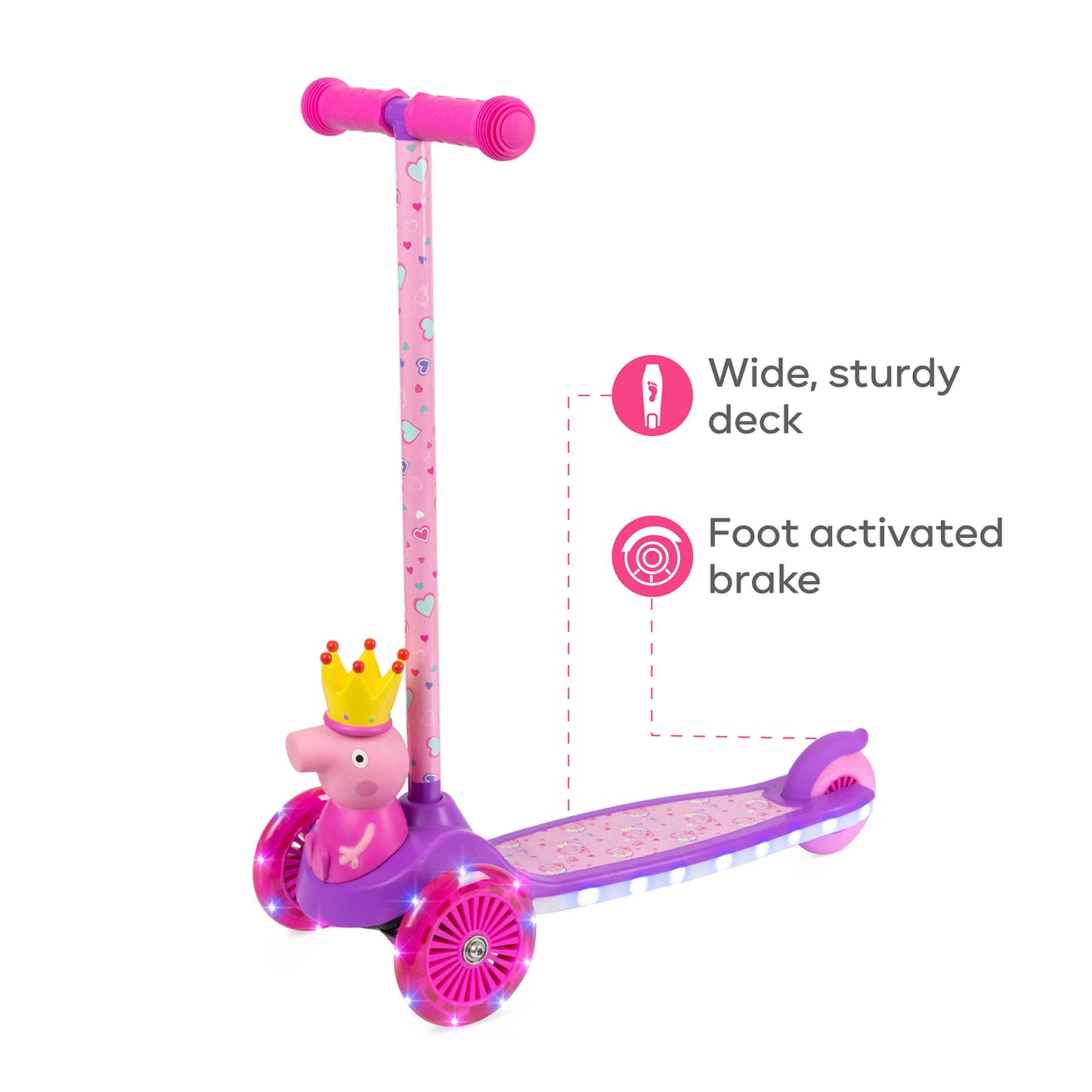 Peppa Pig Kick Scooter For Kids, Self-Balancing 3 Wheeled Light Up Scooter With Extra Wide Anti-Slip Deck, Rear Brake, Lean To S