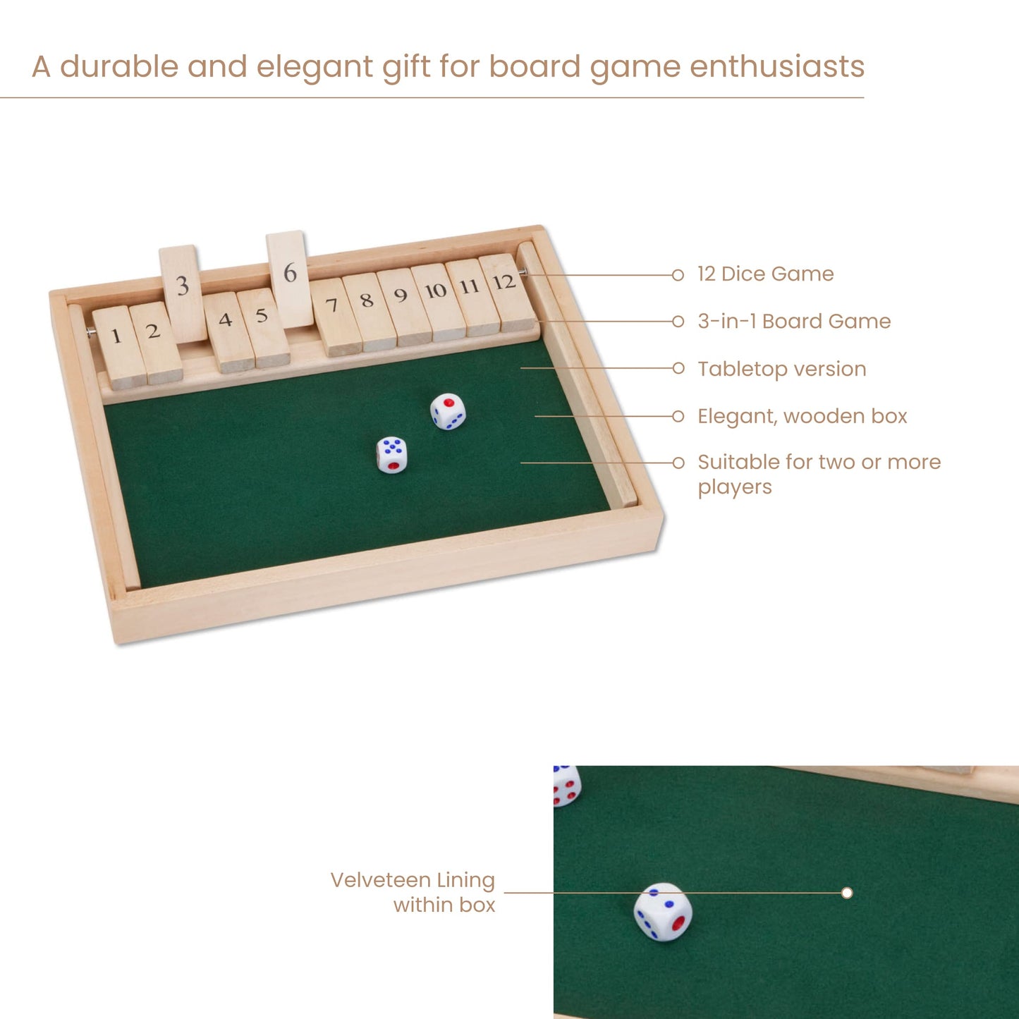 Bits And Pieces - Large Shut The Box Game - 3-In-1 Board Game - 12 Dice Board Game - Wooden Pub Tabletop Game Box - 2 Dice Included