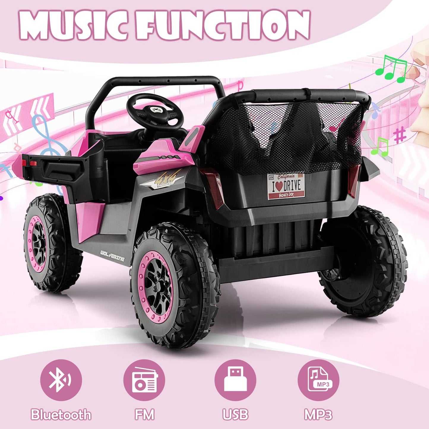 Olakids 2 Seater Ride On Car For Kids, 12V Utv Kids' Electric Vehicles With Remote Control, Spring Suspension, Soft Start, Music Bluetooth Fm, Battery Powered For Ages 3-8 (Bright Pink)