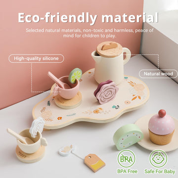 Tea Party Set for Kids - Wooden Tea Set for Little Girls 15PCS Silicone Toddler Tea Set Kitchen Accessories Pretend Play Toy Tea