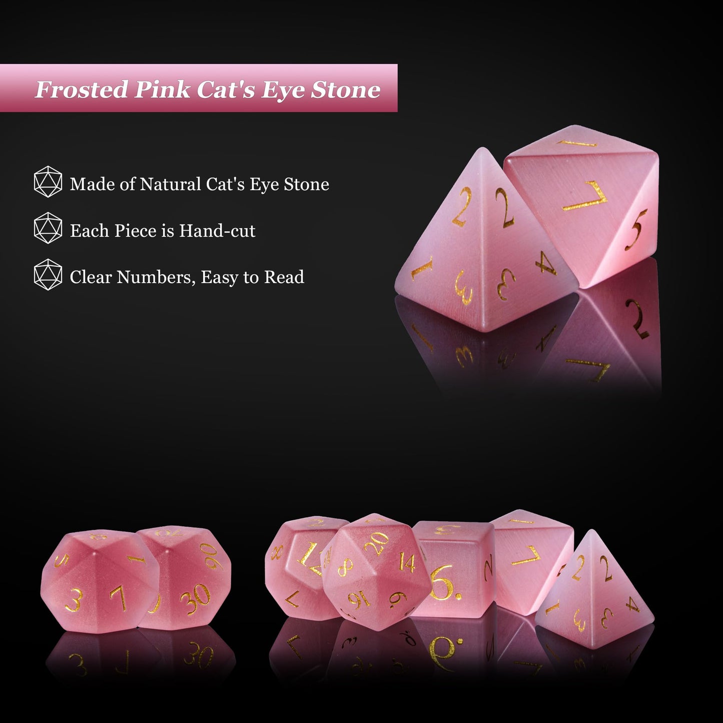 UDIXI Natural Gemstone Dice Set, 7PCS Crystal DND Dice for Dungeons and Dragons, Handmade Stone Dice for MTG Table Games(Pink Ca