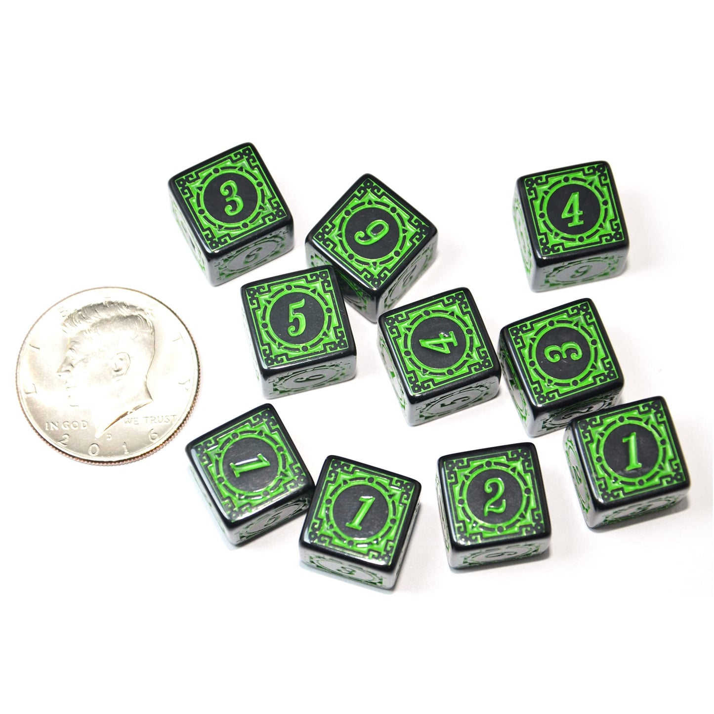 SmartDealsPro 10-Pack D6 Six Sides 16mm Dice Die for DND MTG PRG Wow Table Game Math Teaching (Green Letter)