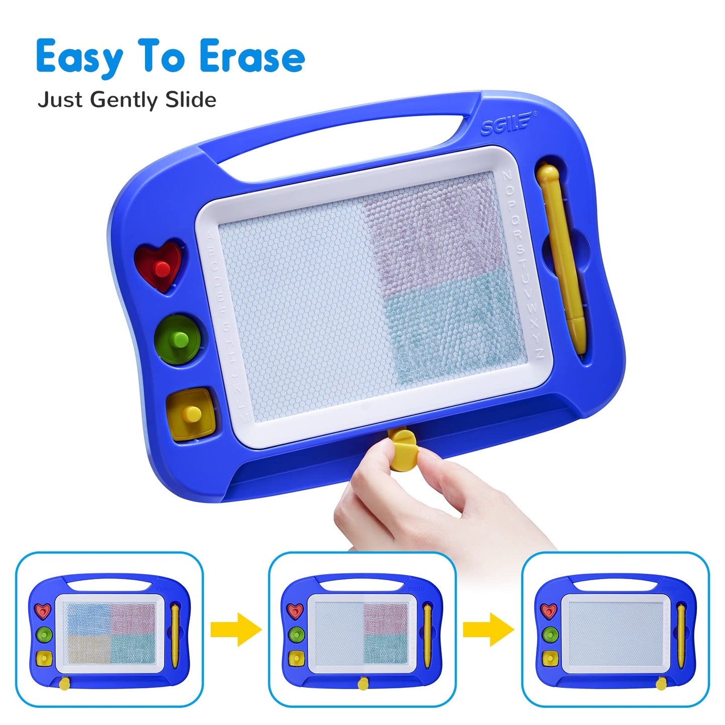 SGILE Magnetic Drawing Board for Kids, Blue, 10"W x 7.1"H, Erasable Doodle Pad with Magnet Pen & Stamps, Educational Travel Toy