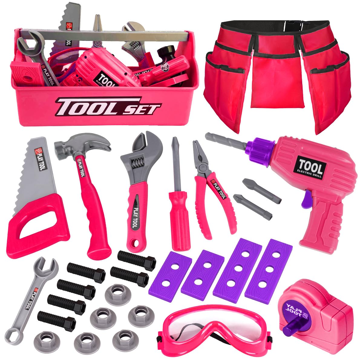 LOYO Kids Tool Set - Toddler Tool Set with Kid Tool Belt Tool Box & Electronic Toy Drill, Kids Construction Toys for Girls Boys