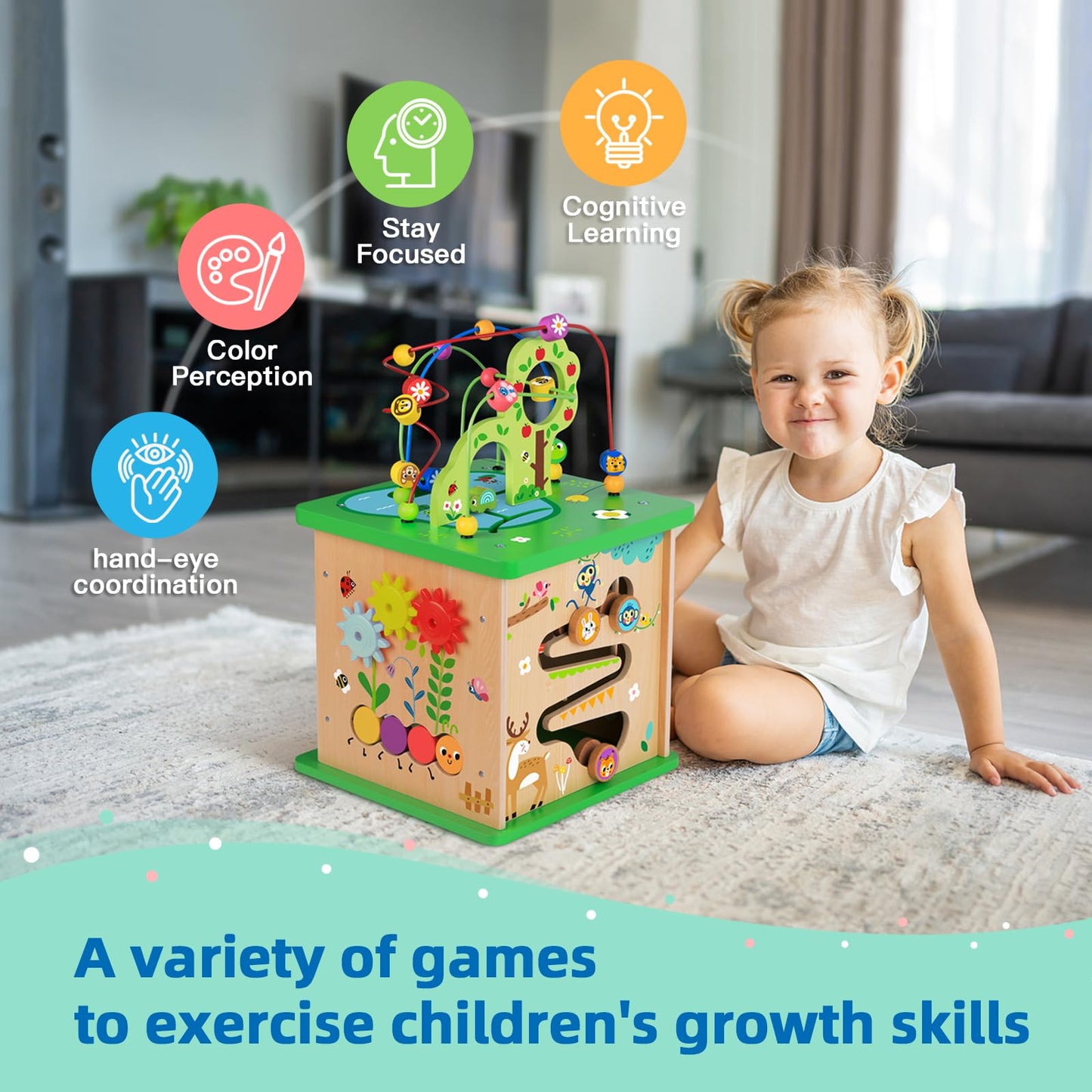 TOOKYLAND 5-in-1 Large Activity Play Cube - Colorful Wooden Learning Puzzle Toy for Toddlers with Animal Friends, Shapes & Mazes