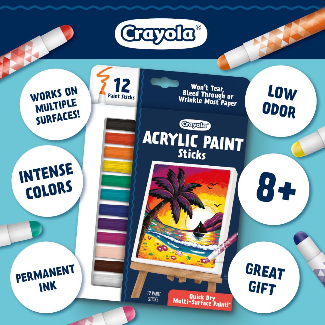 Crayola Acrylic Paint Doodle Sticks (12ct), Acrylic Paint Marker Set for Kids, Quick Dry, Multi-Surface, Less Mess, Kids Craft S