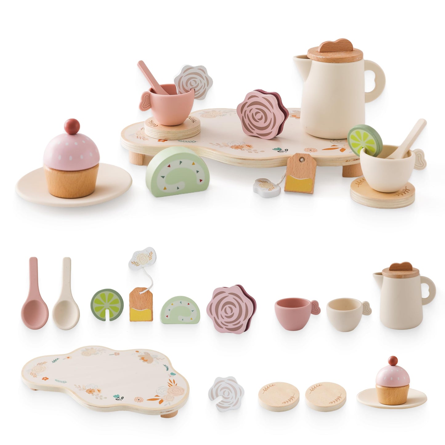 Tea Party Set for Kids - Wooden Tea Set for Little Girls 15PCS Silicone Toddler Tea Set Kitchen Accessories Pretend Play Toy Tea