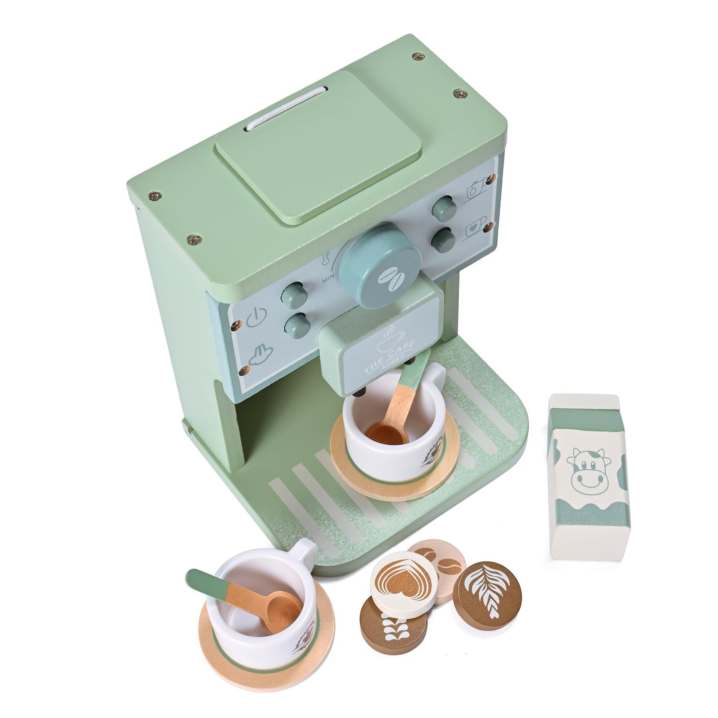 MONT PLEASANT Kids Wooden Toys Toddler Pretend Play Kitchen Accessories Green Coffee Maker Espresso Machine Playset Montessori K