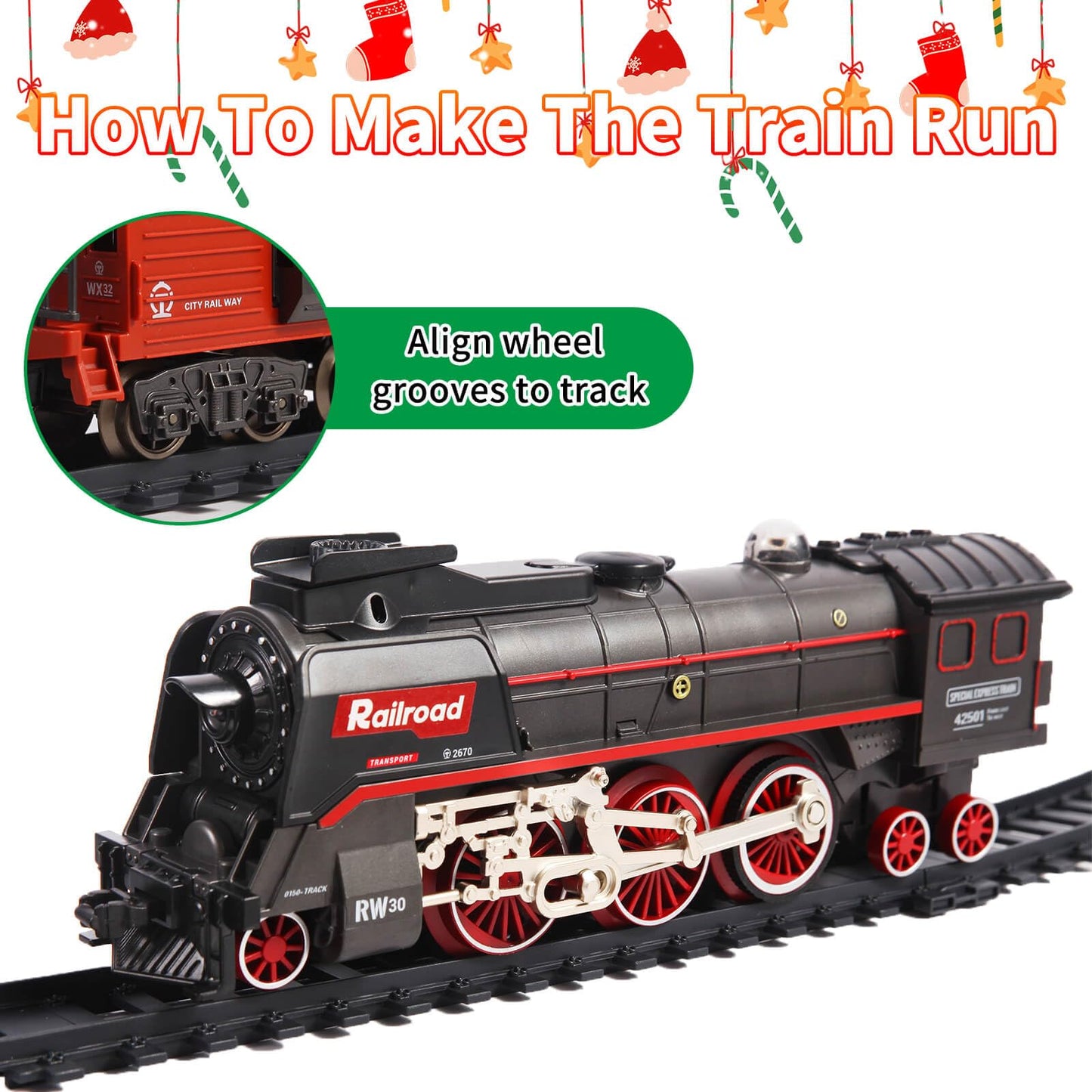 HOGUWID Train Set, Christmas Train Sets for Around The Tree Electric Train with Steam, Lights and Sound, Model Train Set for Kid
