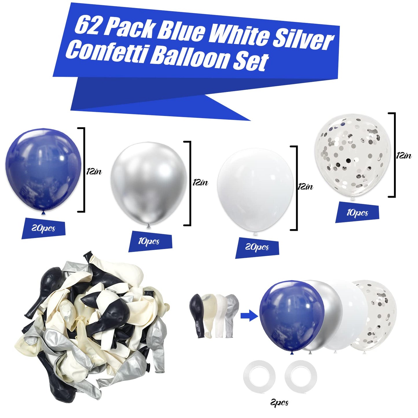 Oumuamua 62Pcs Silver Navy Blue Balloons Kit - 12 Inches Silver Blue Party Decoration Balloons For Baby Shower Birthday Wedding Party Decorations Supplies