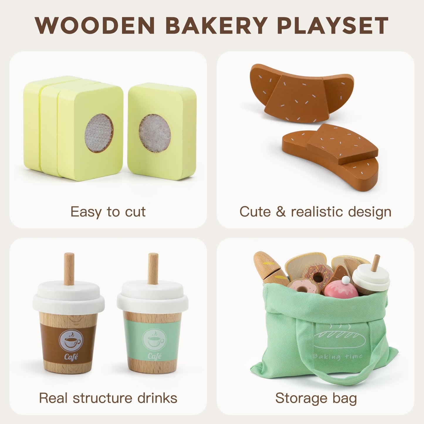 17 PCS Wooden Bakery Toy Food Playset for Kids, Pretend Picnic Play Food for Toddlers 3+, Play Kitchen Accessories with Shopping