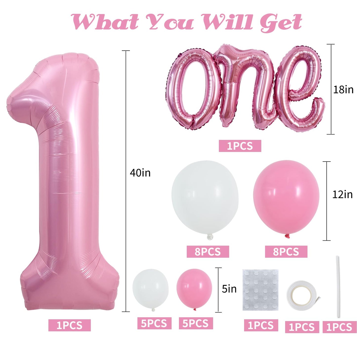 Toniful 27 Pcs 1St Birthday Balloons Set,40 Inch Light Pink Number 1 Balloon Light Pink One Letter Foil Balloon White Light Pink