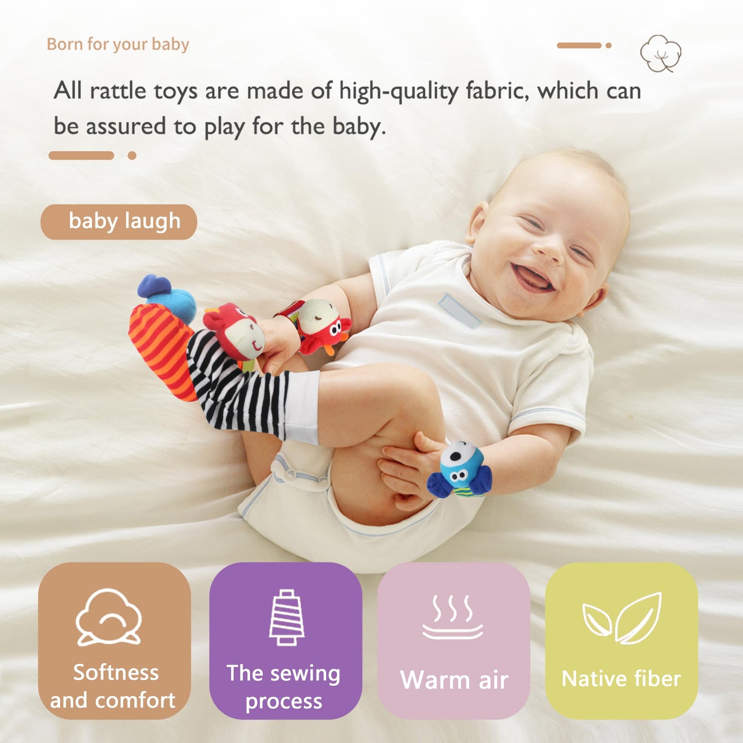 Wrist Rattle Foot Finder Sock For 0-36Months Baby Boys And Girls, Newborn Baby Soft Hand & Feet Rattle 0-3 Years, Arm Leg Babies Development Toys For Infant Bebe (Cow-4 Pcs)