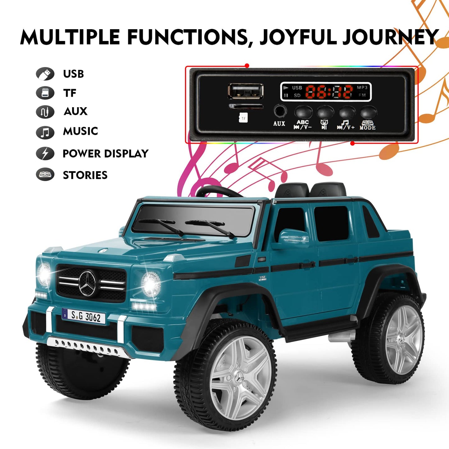 Joyldias Kids Ride On Cars, Licensed Mercedes-Benz Maybach G650S, 12V7A Battery Powered Toy Electric Car For Kids W/2.4G Remote Control, 2 Motors, 3 Speeds, Music, Horn, Led Lights, Peacock Blue