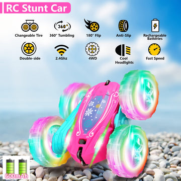 FREE TO FLY Remote Control Car for Girls : Pink RC Car Double Sided 360Flip Stunt Cars with Headlights & WheelLights Rechargeabl