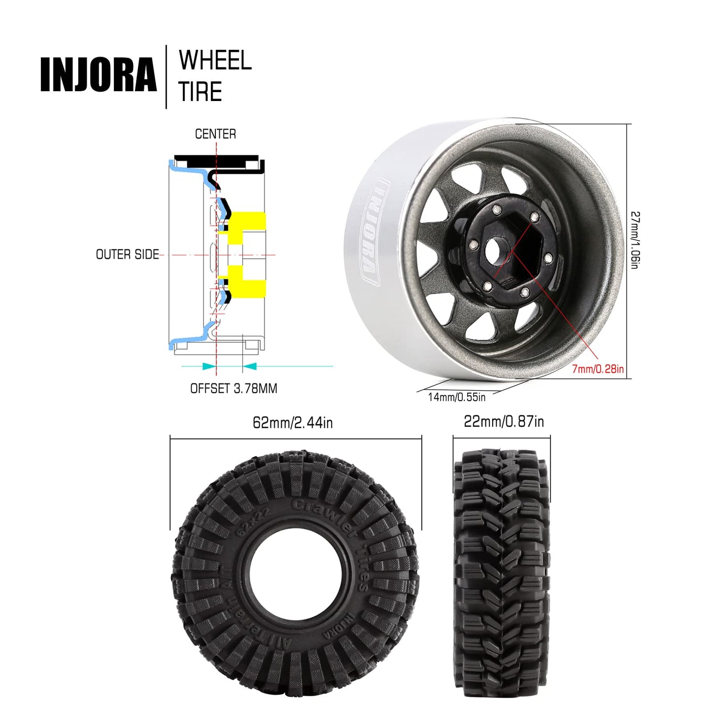 INJORA 1.0 Beadlock Wheel Tires Set -3.78mm Offset Wheel Rims for 1/18 1/24 RC Crawler Car Axial AX24 SCX24 FMS FCX24 TRX4M,Grey