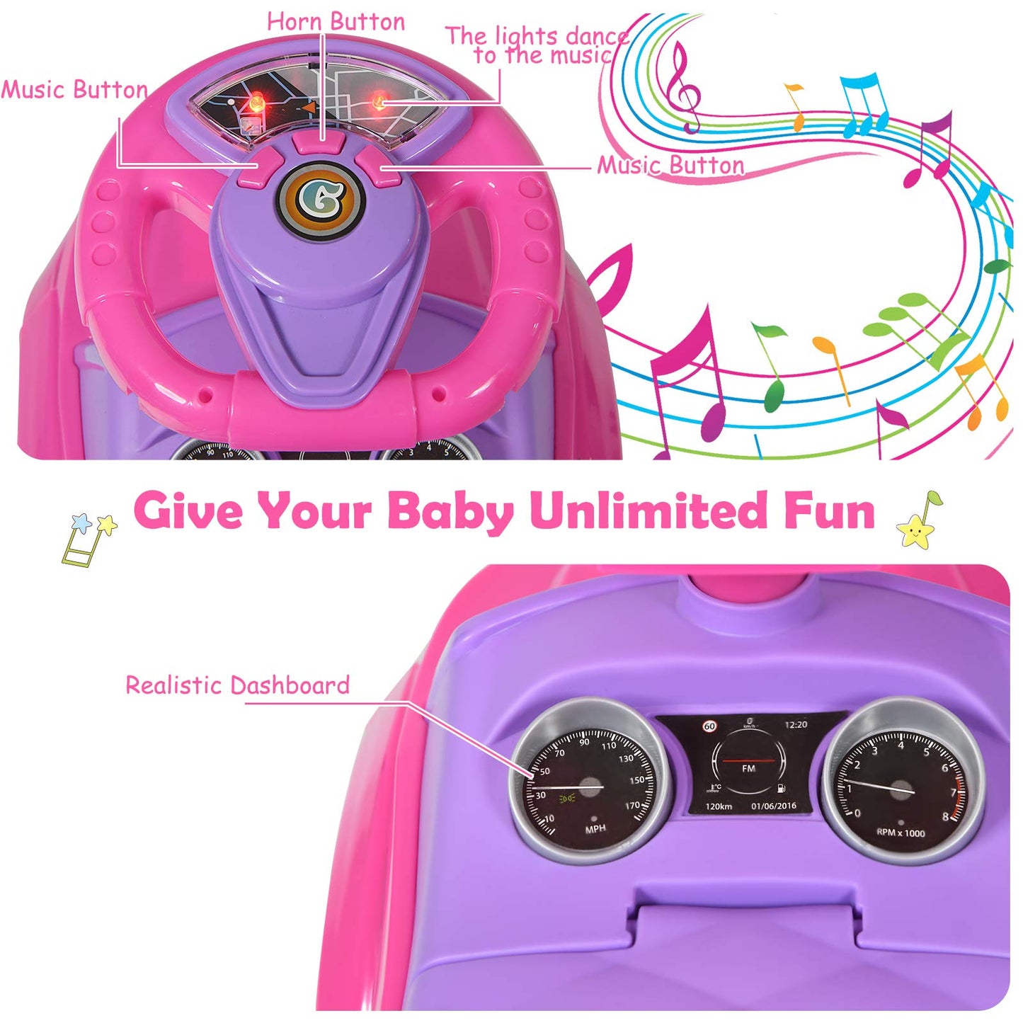 Honey Joy Ride On Push Car, Foot To Floor Ride On Sliding Car Push Handle & Detachable Guardrail, Sound & Lights, Under Seat Storage, Push Cars For Toddlers 1-3, Gift For Kids Boys Girls(Pink)