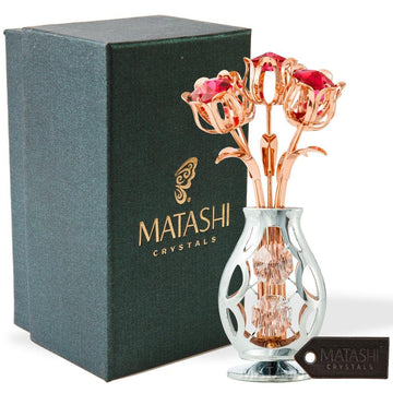 Matashi Gift For Her - Flowers Bouquet In Vase Ornament With Red Crystals, Gift Basket Ideas For Women - Rose Gold Plated Flower Gift For Women On Valentine'S Day