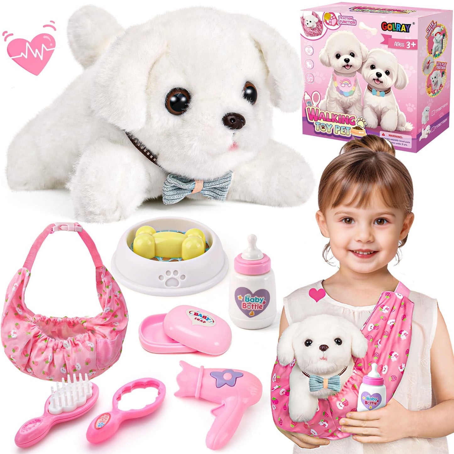 Golray Toy Dog for Kids Girls, Stuffed Dog with Heart Beat & Skeleton Transform, Sling Carrier & Toddler Girl Toy Kid Plush Pupp