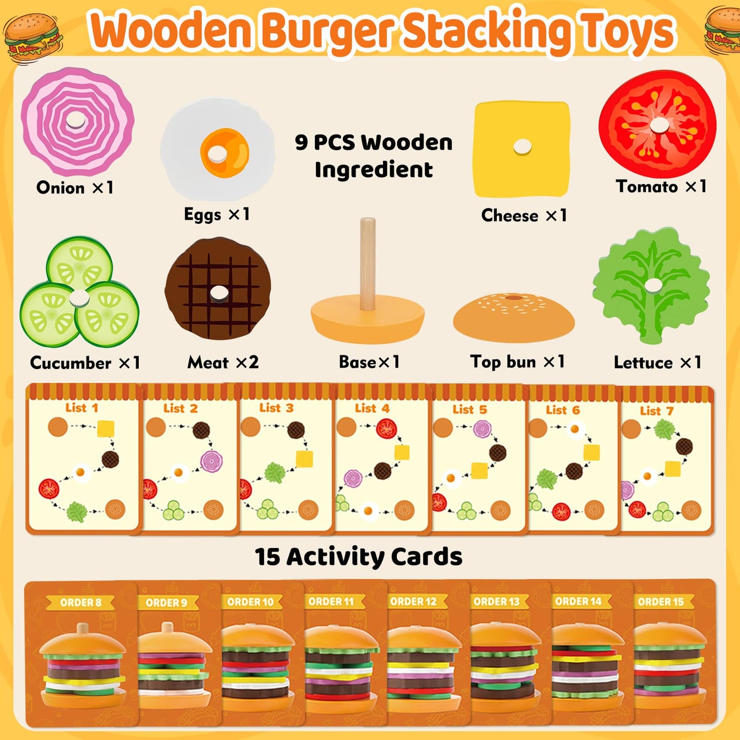Jumlys Montessori Toys For 2, 3, 4, 5, Year Old, Wooden Burger Stacking Toys, Fine Motor Toys For Kids Boys Girls, Ideal Prescho