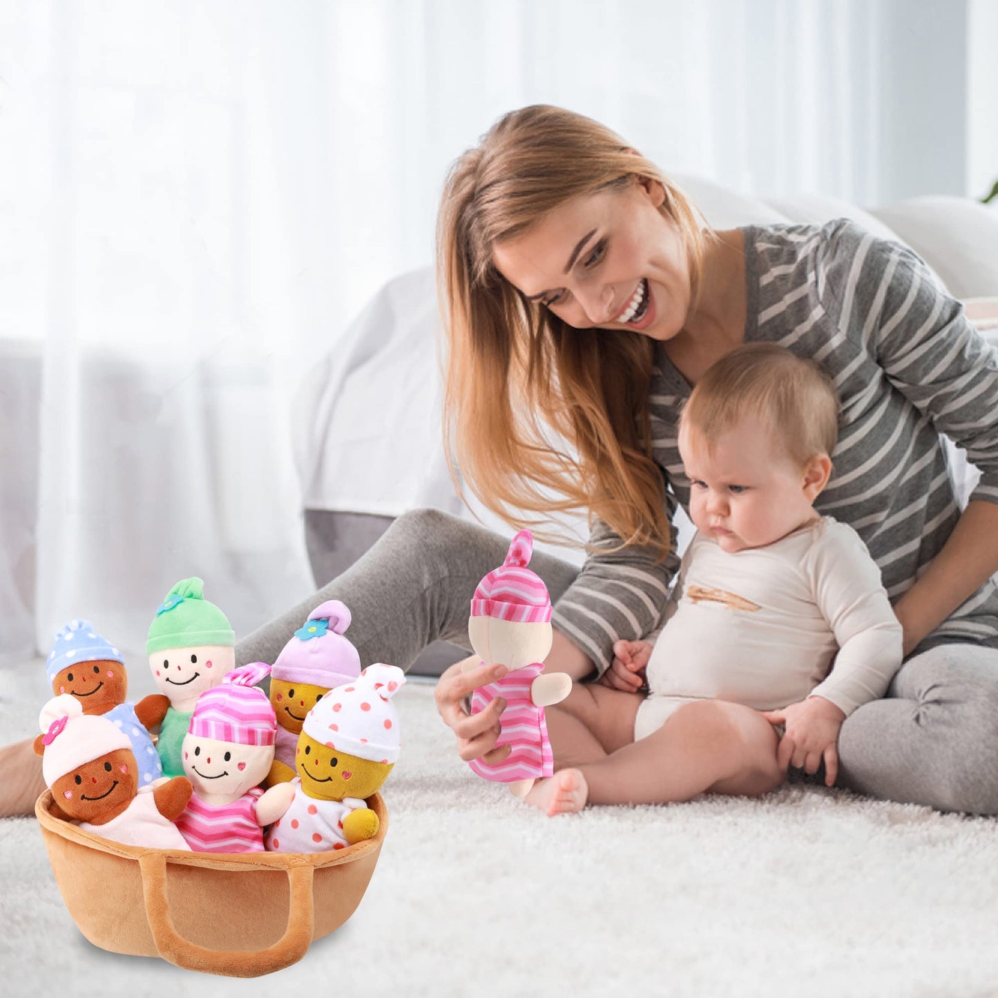 Qpewep Basket Plush Baby Dolls Soft Multicultural Sensory Babies Toy Set 6 Piece Interchangeable Clothes Stuffed Plush Figures For All Ages Gift