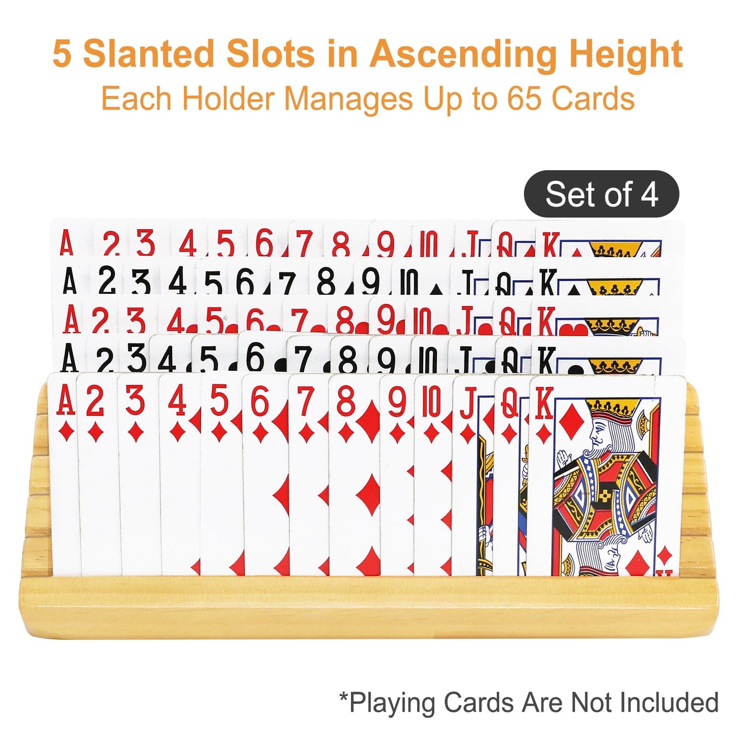plusvivo Card Holders Set of 4 with Adjustable Stand - 5 Slots Wooden Organizer for Playing Cards - Ideal for Adults, Seniors, and Kids