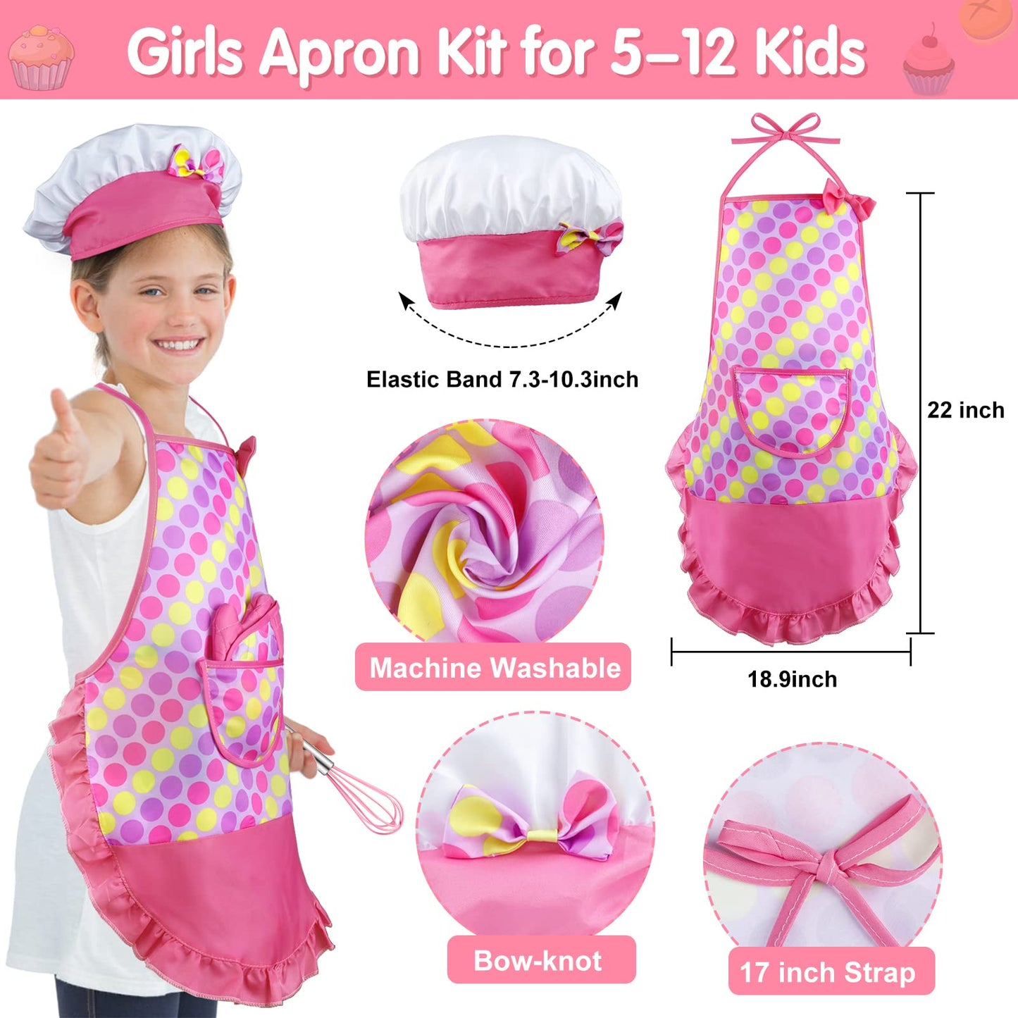 INNOCHEER Kids Baking and Cooking Set for Girls, 54PCS Chef Costume Set with Kids Apron, Chef Hat, All Real Cooking Tools and Ba