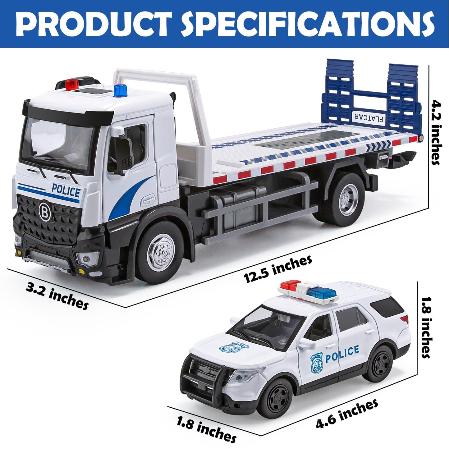 HAPYAD Police Tow Truck Toy Metal Cab, Flatbed Tow Truck Toys for Boys with Lights and Siren Sounds, Friction Powered Police Car
