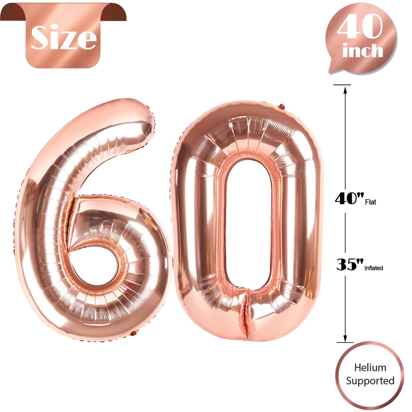 60 Balloon Number, Rose Gold Number 60Th Birthday Balloons 40 Inch, 60 Years Old Rose Gold Birthday Decorations For Men Women, 6