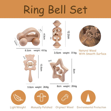 Hi Baby Monment Wooden Baby Toys Set, Wooden Rattle Set,4Pc Handmade Wood Toys,Baby Wooden Toys 36+ Months,Montessori Toys With Wood Car Baby Rattles,For Boys And Girls